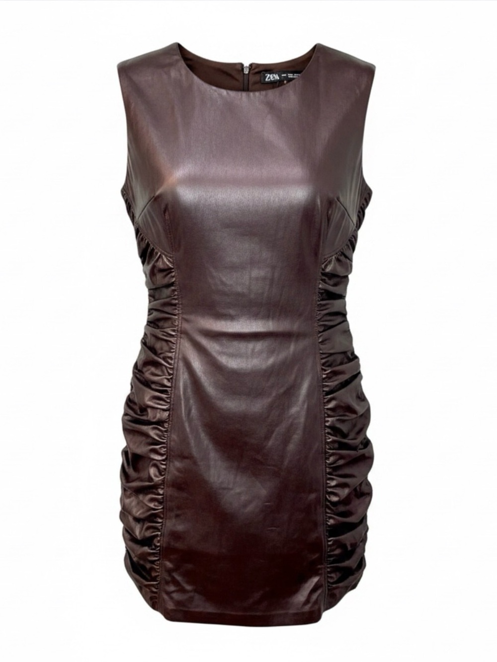 NWT! ZARA Black Sleeveless Vegan Leather Ruched Mini Dress Large.
